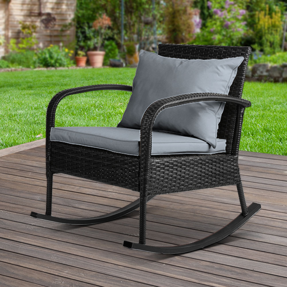Outdoor Rocking Chair Wicker Patio Lounge Black Dreamo Living