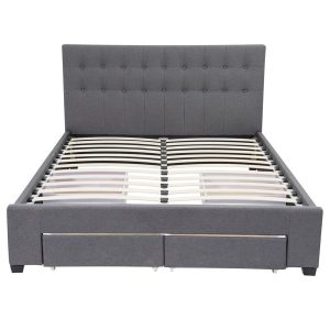 King Maria Fabric Bed Frame Base with Storage Drawer-Light Grey