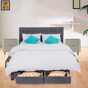 King Maria Fabric Bed Frame Base with Storage Drawer-Light Grey