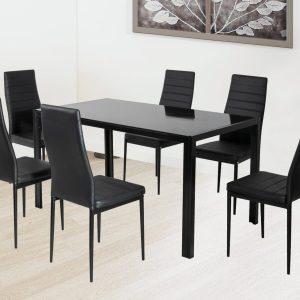7PC Indoor Dining Table and Chairs Dinner Set Glass Leather Kitchen-Black