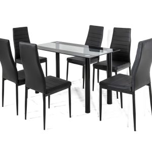 7PC Indoor Dining Table and Chairs Dinner Set Glass Leather Kitchen-Mix Black