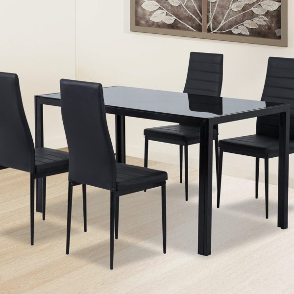 5PC Indoor Dining Table and Chairs Dinner Set Glass Leather Kitchen-Black
