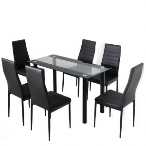 7PC Indoor Dining Table and Chairs Dinner Set Glass Leather Kitchen-Mix Black