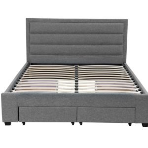 Queen Greta Fabric Bed Frame Base with Storage Drawer-Light Grey