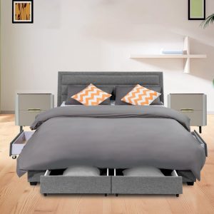 Queen Greta Fabric Bed Frame Base with Storage Drawer-Light Grey
