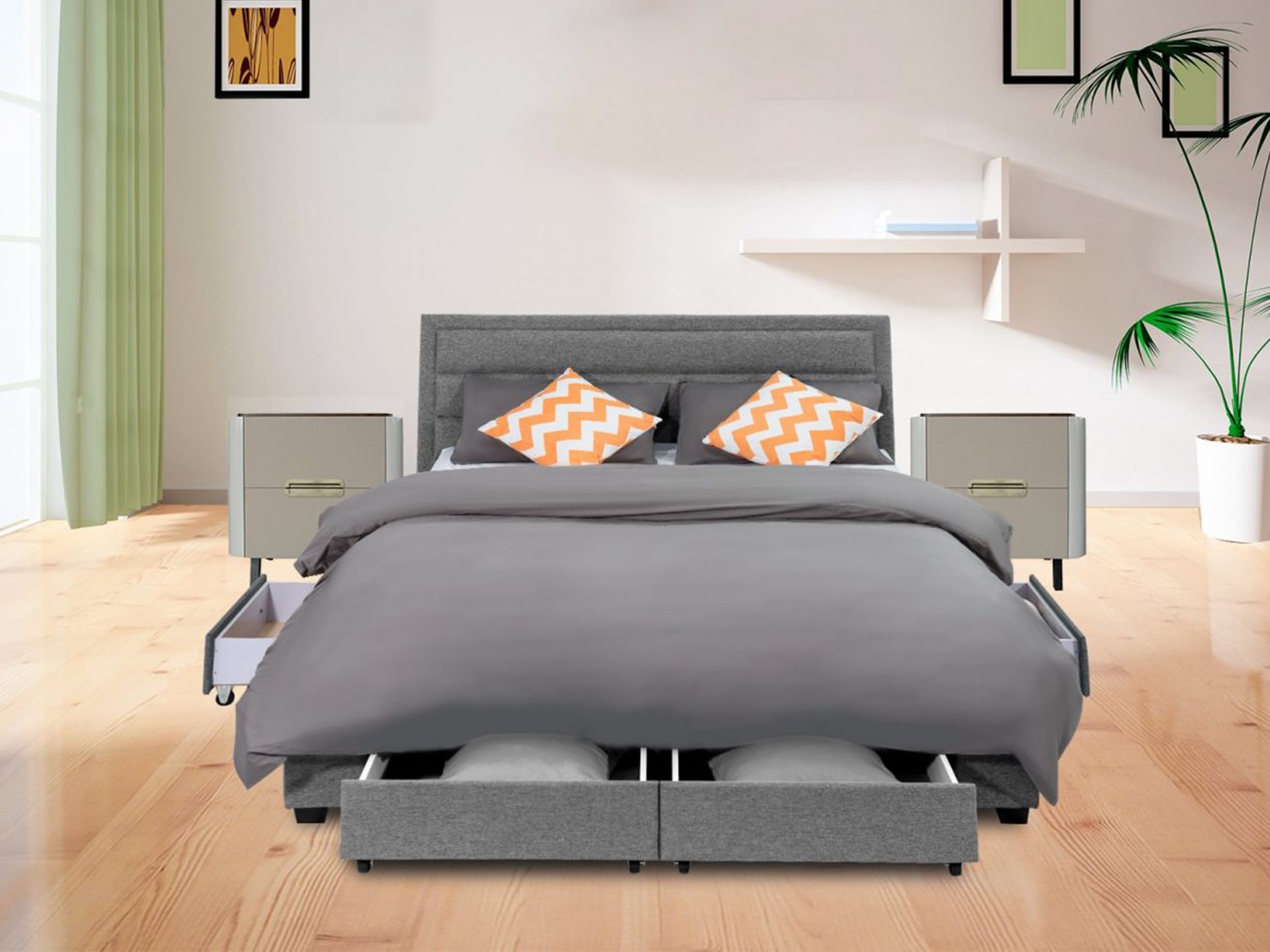 King Greta Fabric Bed Frame Base with Storage Drawer-Light Grey ...