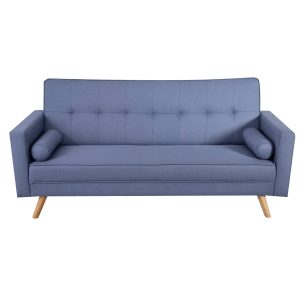 Linen Fabric 3 Seater Sofa Bed Recliner Futon Lounge Couch Wood Legs-Blue