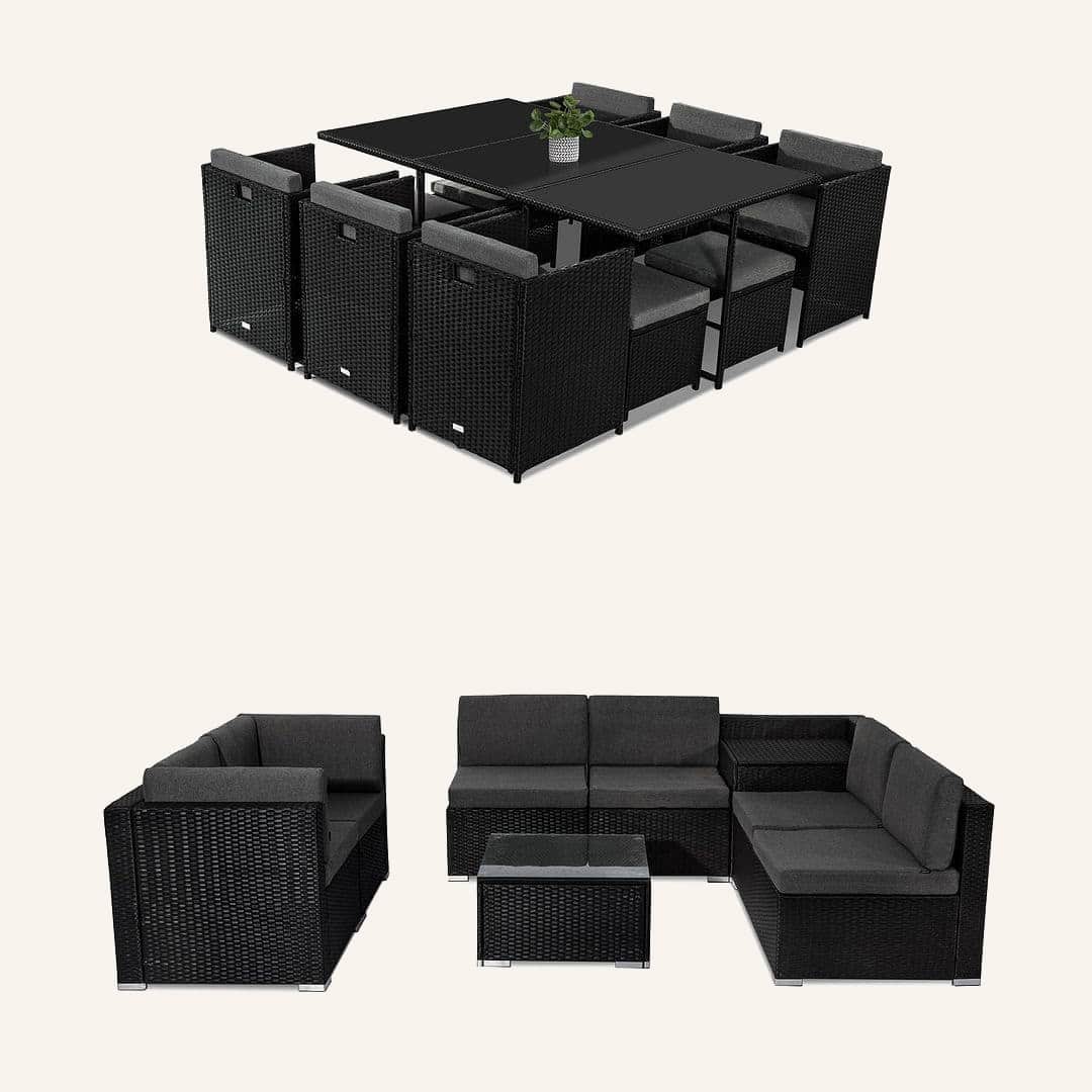 Outdoor Furniture Packages Bali 11 Piece Dining Set+ 8 Piece Lounge Sofa-Black - Image 2