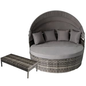 Outdoor Daybed 2-in-1 Poly Rattan Sunbed with Retractable Canopy Mix Grey