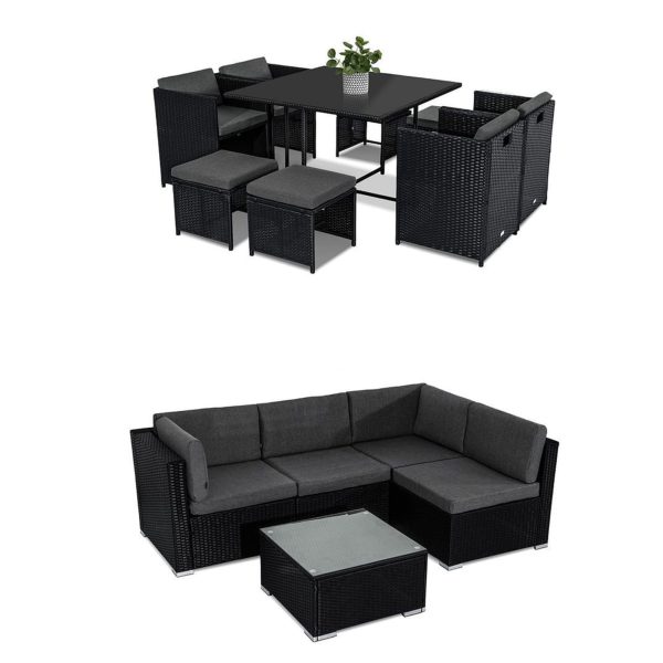 Outdoor Furniture Packages Horrocks 8 Seater Dining Set + Bondi 4 Seater Lounge Sofa - Black