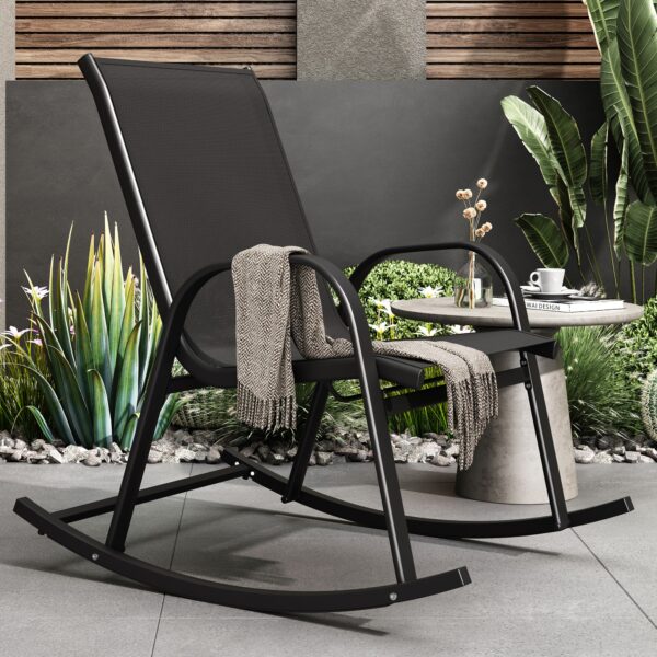 Rocking Chair High Back Rocker Chairs Steel Metal Textilene Fabric-Black