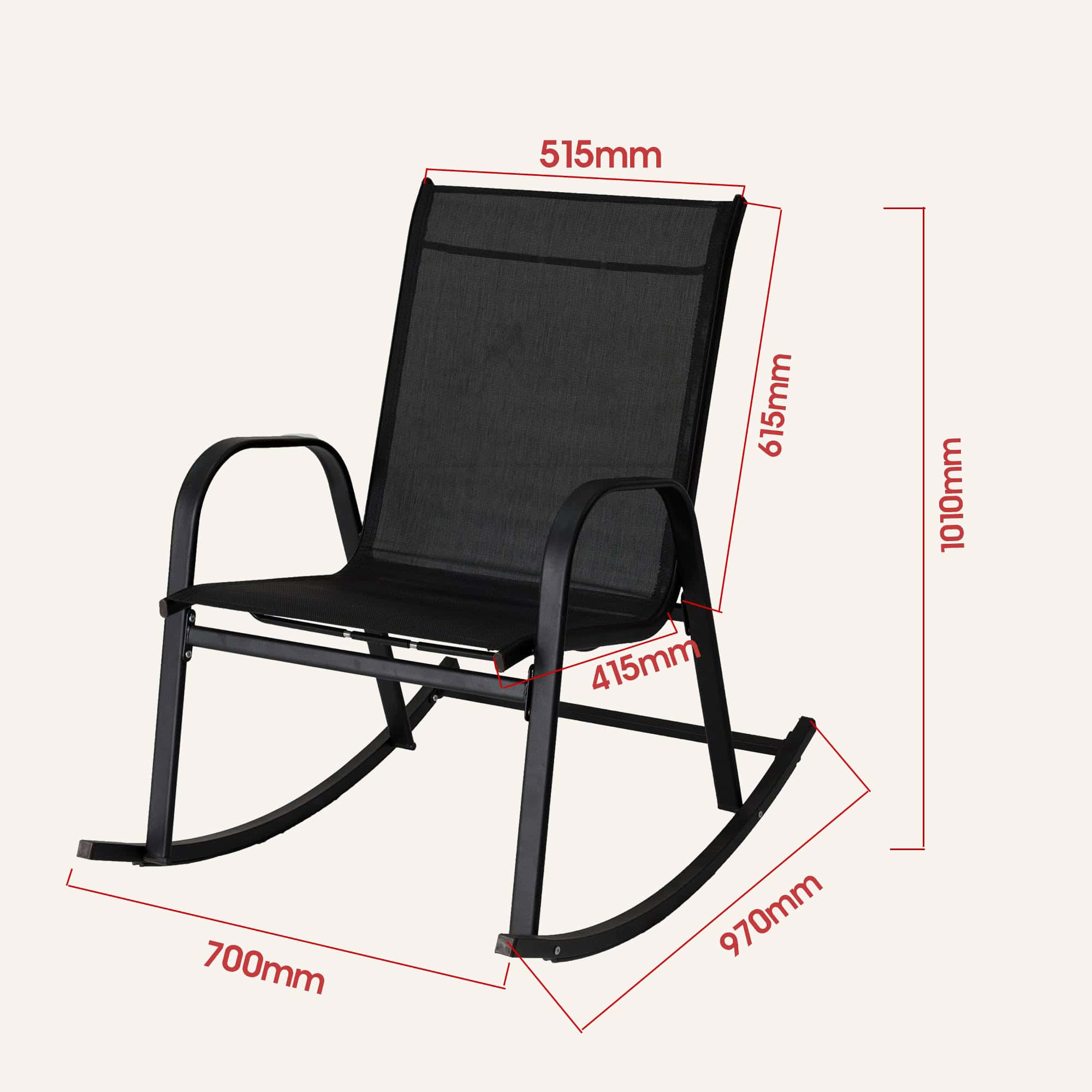 Rocking Chair High Back Rocker Chairs Steel Metal Textilene Fabric-Black - Image 8