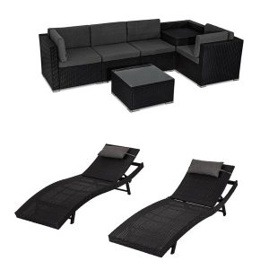 6PCS Outdoor Modular Lounge Sofa + Outdoor PE Wicker Twin Pack Sunbeds