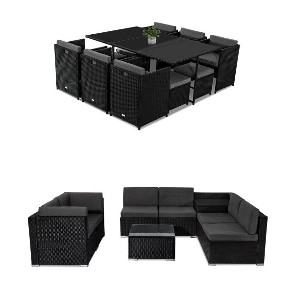 Outdoor Furniture Packages Bali 11 Piece Dining Set+ 8 Piece Lounge Sofa-Black