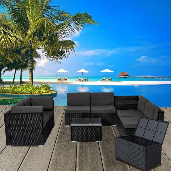 Outdoor Lounge Sofa Packages Lizard 8PCS Lounge Sofa with 320L Storage Box-Black
