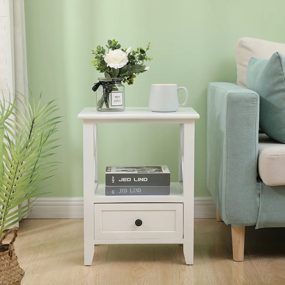 2-tier Bedside Table with Storage Drawer 2 PC Rustic White - Image 7