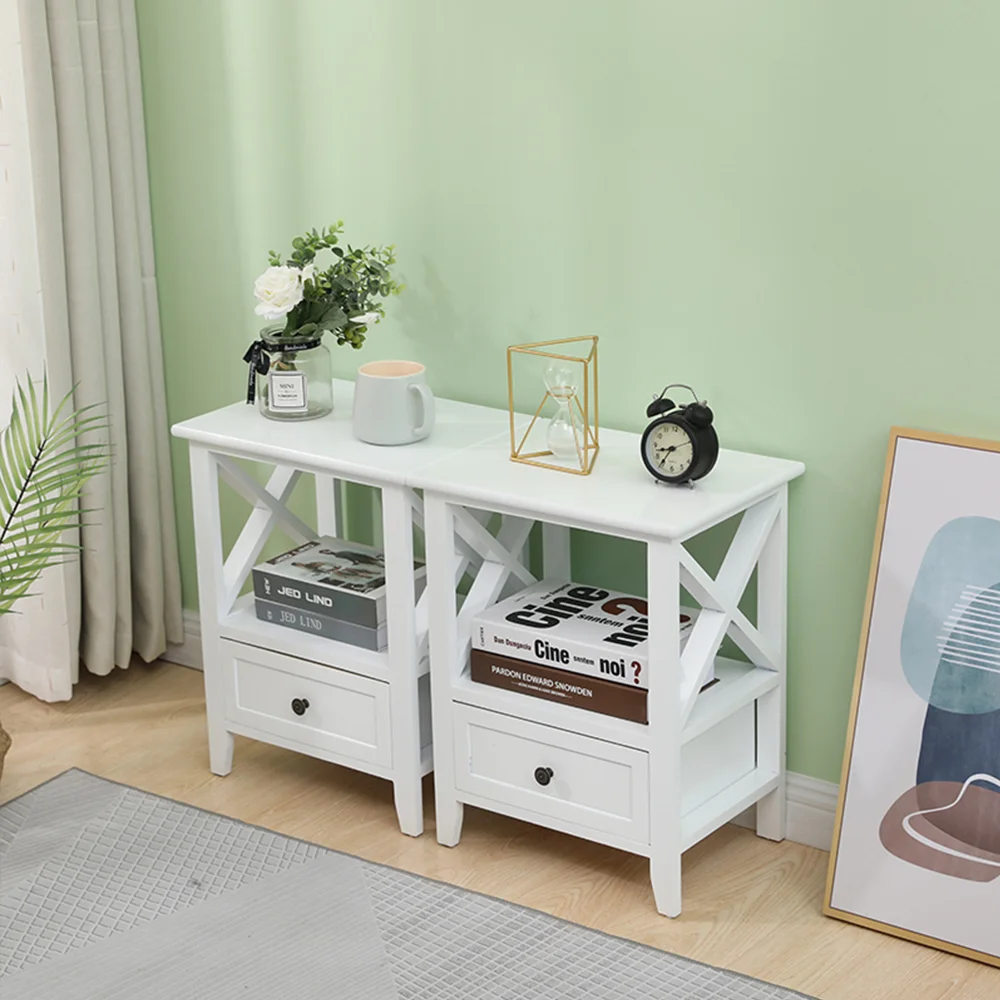 2-tier Bedside Table with Storage Drawer 2 PC Rustic White - Image 9