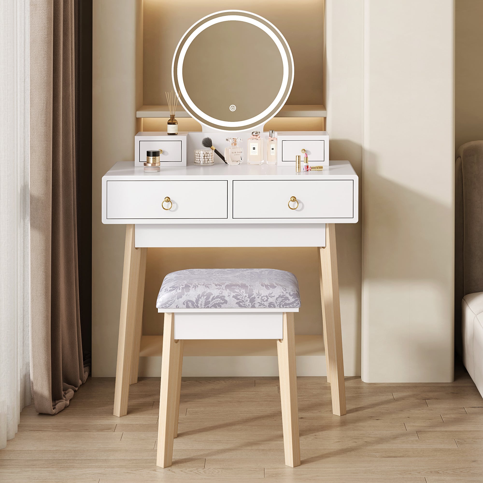 Dressing Vanity Table Stool Set with Make-up LED Lighted Mirror