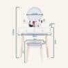 Dressing vanity table with LED mirror and stool, white finish, with makeup accessories.