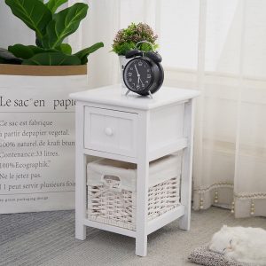 Emma Bedside Table Nightstand with Wicker Basket White