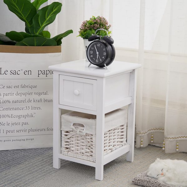 Emma Bedside Table Nightstand with Wicker Basket White