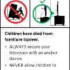 Warning sign about furniture tip-over safety for children.