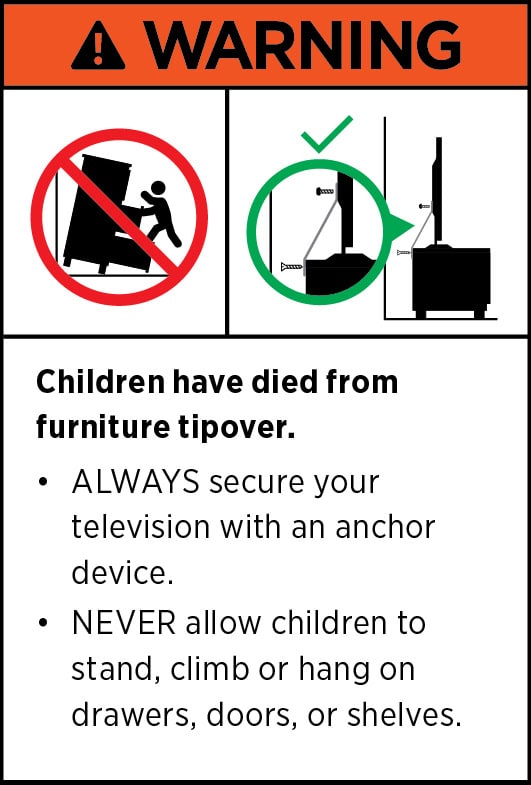 Warning sign about furniture tip-over safety for children.