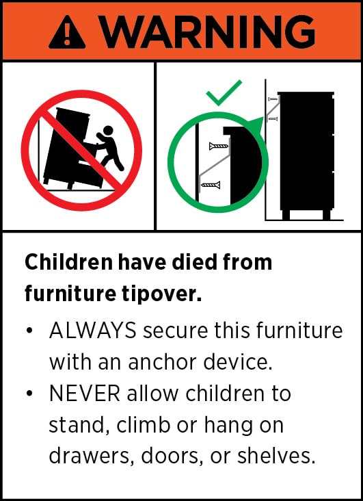Warning sign about furniture tip-over safety for children.