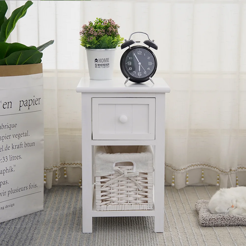 Emma Bedside Table Nightstand with Wicker Basket White - Image 4