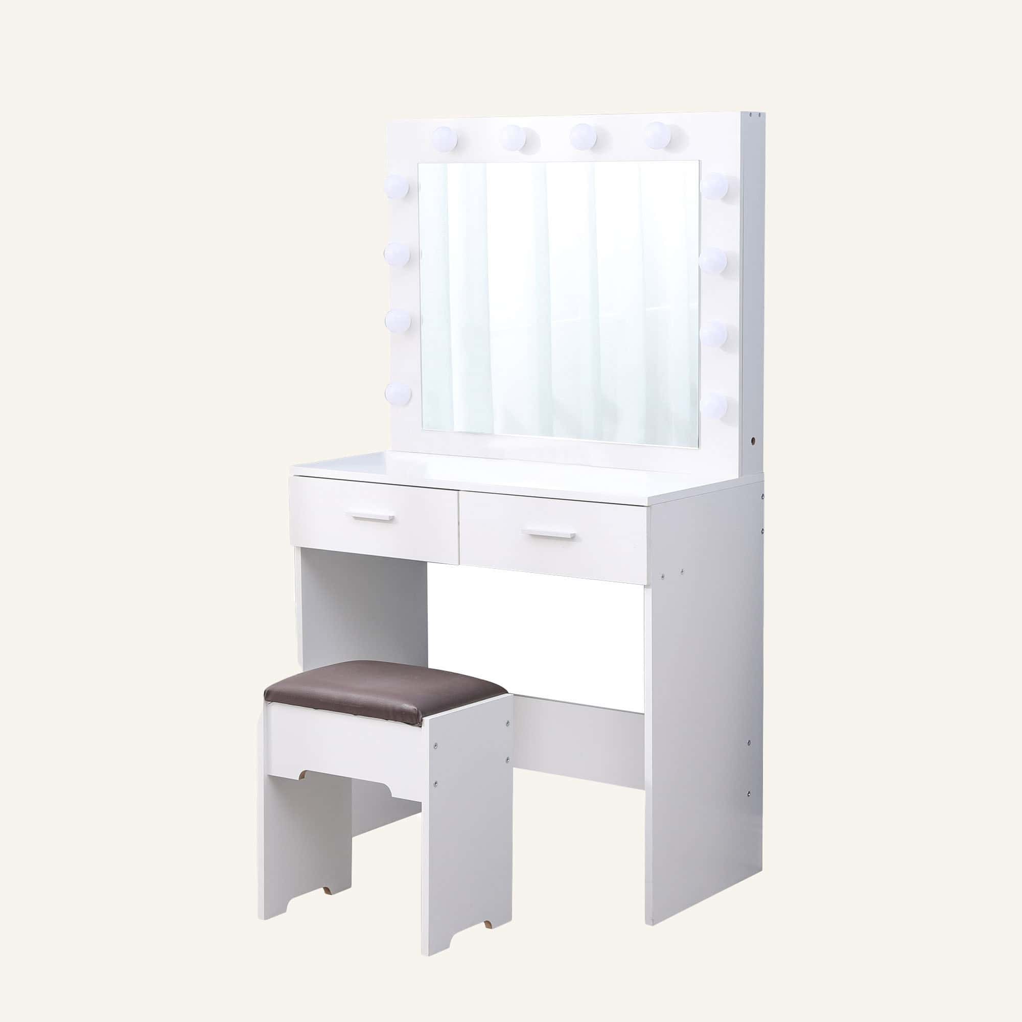 Dreamo living vanity set with lighted mirror and cushioned stool in white.