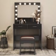 Fidel Vanity Set with Cushioned Stool and Lighted Mirror Black