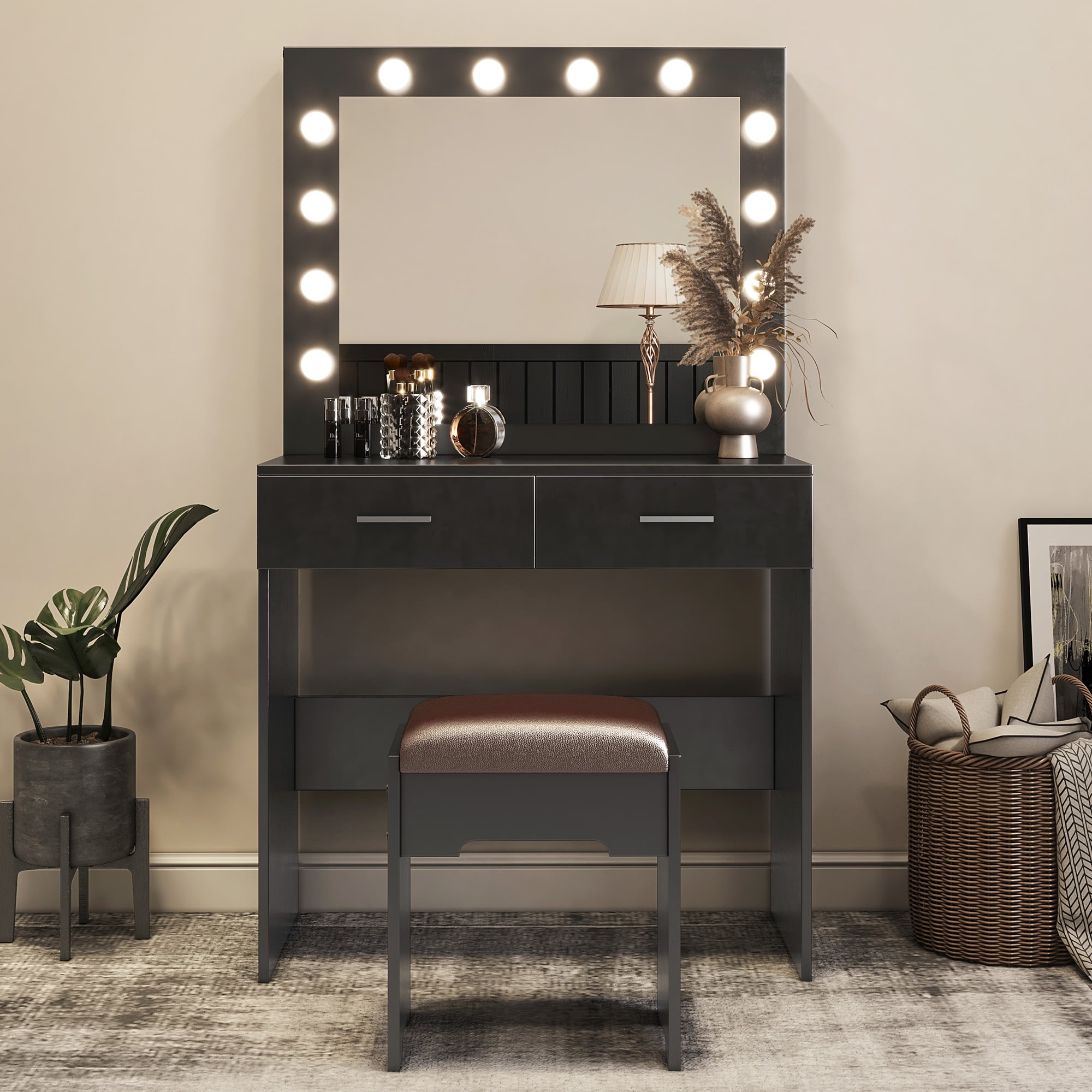 Fidel Vanity Set with Cushioned Stool and Lighted Mirror- Black - Dreamo  Living