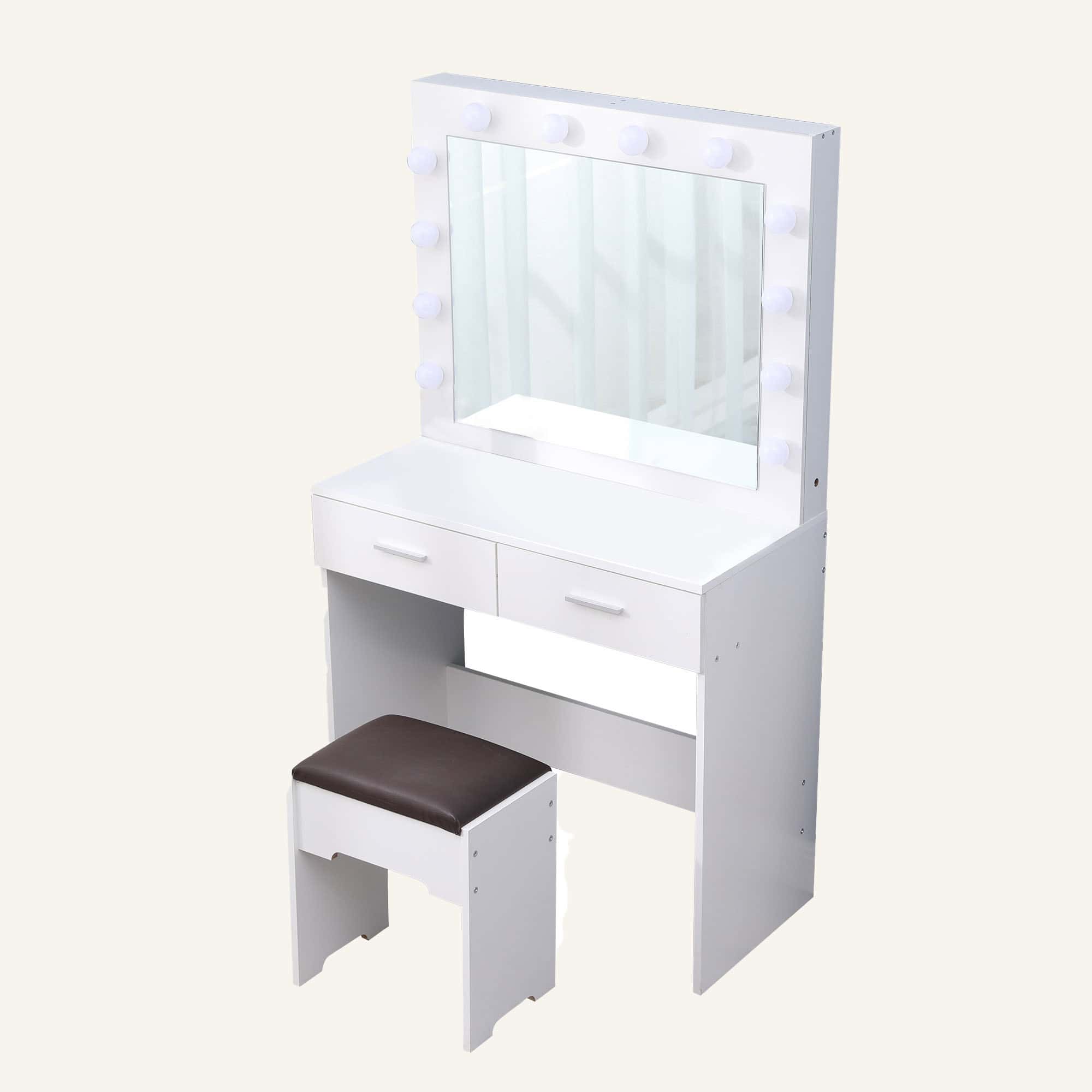Dreamo living black vanity set with cushioned stool and lighted mirror.