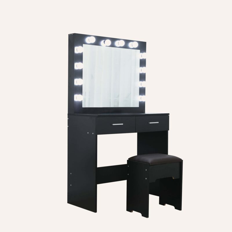 Dreamo living black vanity set with lighted mirror and cushioned stool.
