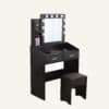 Diana Vanity Set with Shelves, Cushioned Stool, and Lighted Mirror in black.
