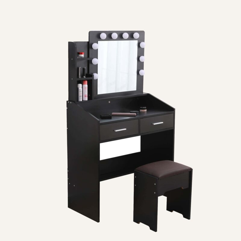 TAB-717 (1) Diana Vanity Set with Shelves, Cushioned Stool, and Lighted Mirror in black.