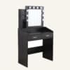 Diana Vanity Set with Shelves, Cushioned Stool, and Lighted Mirror in white and black.