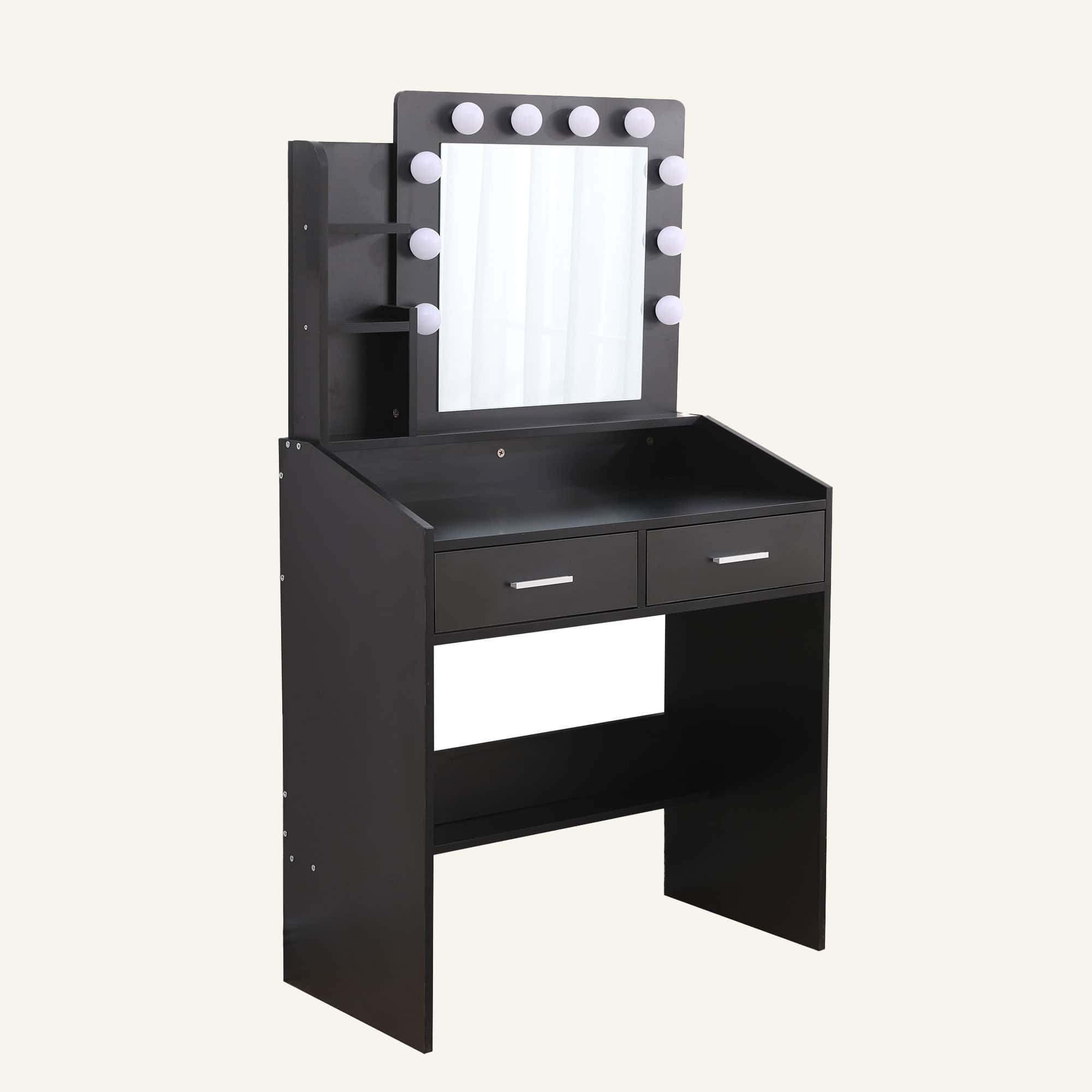 Diana Vanity Set with Shelves, Cushioned Stool, and Lighted Mirror in white and black.