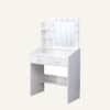 White vanity set with shelves, cushioned stool, and lighted mirror for bedroom decor.