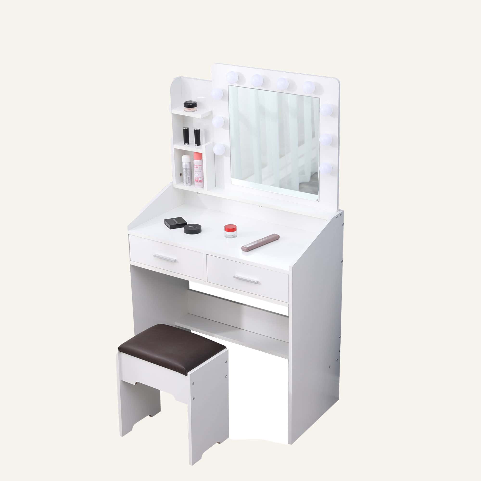 Diana Vanity Set with Shelves, Cushioned Stool, and Lighted Mirror in white.