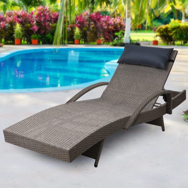 Juno Outdoor Sun Lounger - PE Wicker Recliner Day Bed with Head Rest Pillow