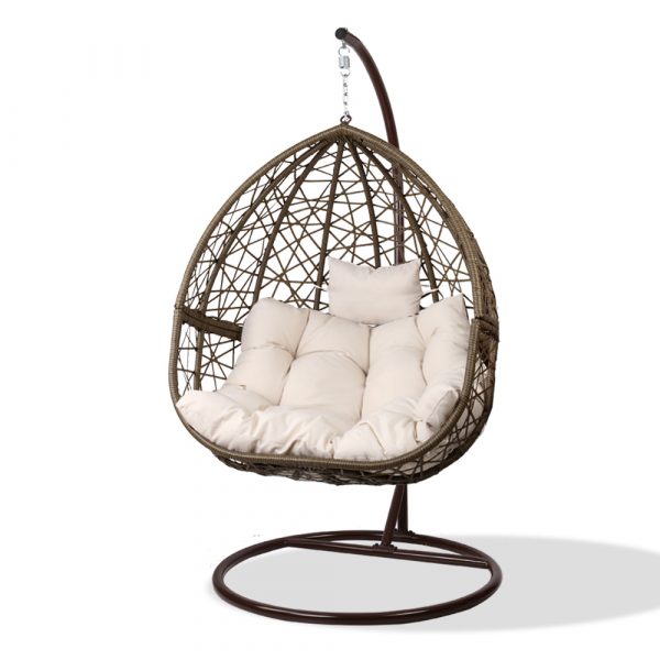 Outdoor Cocoon Hanging Swing Chair - Brown with Cream Cushions