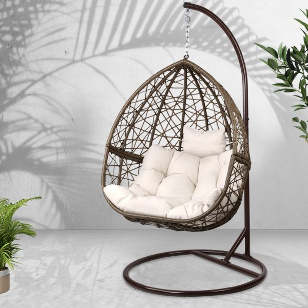 Outdoor Cocoon Hanging Swing Chair - Brown with Cream Cushions