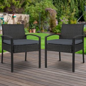Nanala Set of 2 Outdoor Wicker Dining Chairs in Black - Chic Bistro Chairs for Garden, Pool Deck, Terrace or Balcony