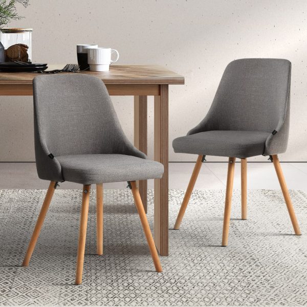 Set of 2 Replica Designer Wooden Dining Chairs - Grey Fabric and Beech Wood Legs