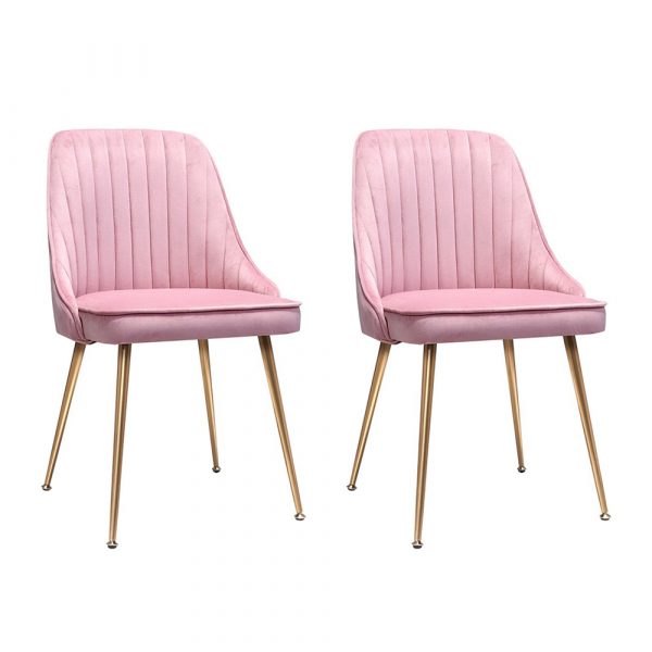 Viva Forever Set of Two Pink Velvet Dining Chairs – Art Deco Design with Gold Metal Legs