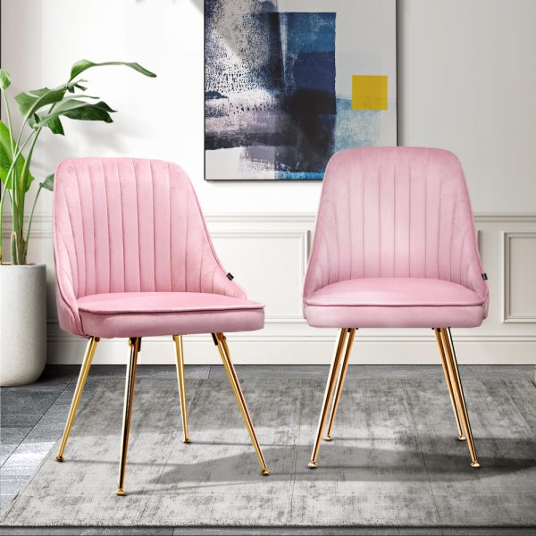 Viva Forever Set of Two Pink Velvet Dining Chairs – Art Deco Design with Gold Metal Legs