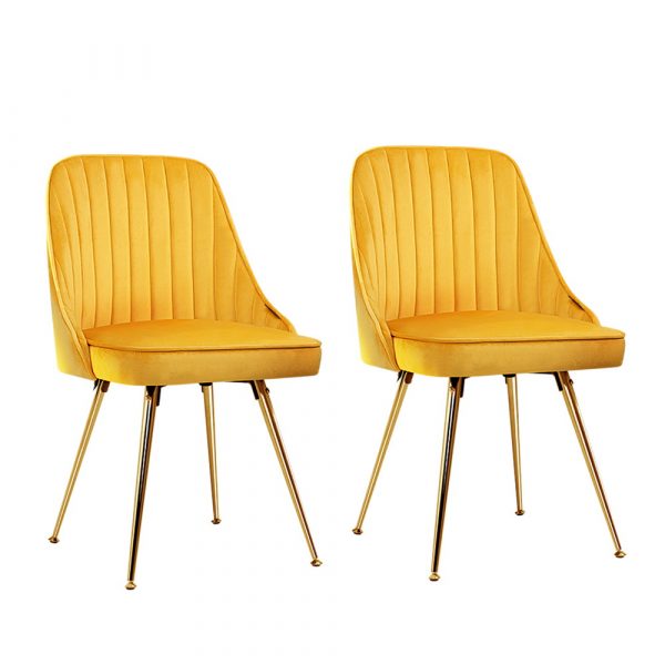 Viva Forever 2 x Yellow Velvet Dining Chairs – Art Deco design with gold metal legs