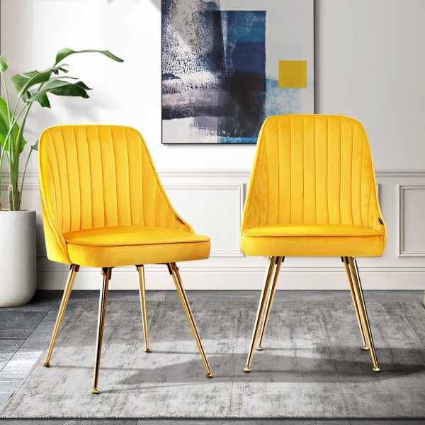 Viva Forever 2 x Yellow Velvet Dining Chairs – Art Deco design with gold metal legs
