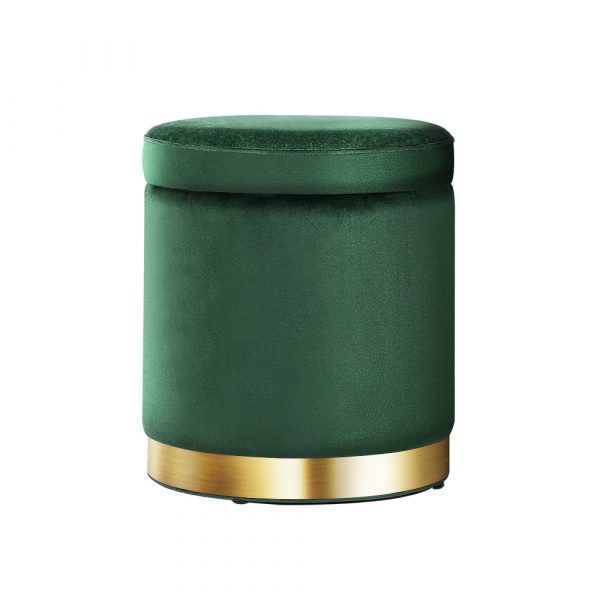 Round Velvet Storage Ottoman - Green with Gold Accents